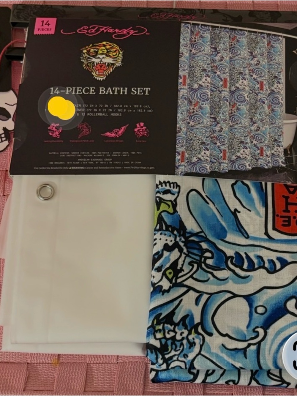 Ed Hardy Black, Blue & White Tiger Bath Set Shower Curtain Panel